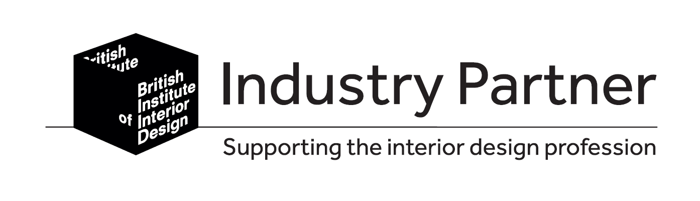 Logo of the British Institute of Interior Design, featuring a cube and the text "Industry Partner, Supporting the interior design profession."
