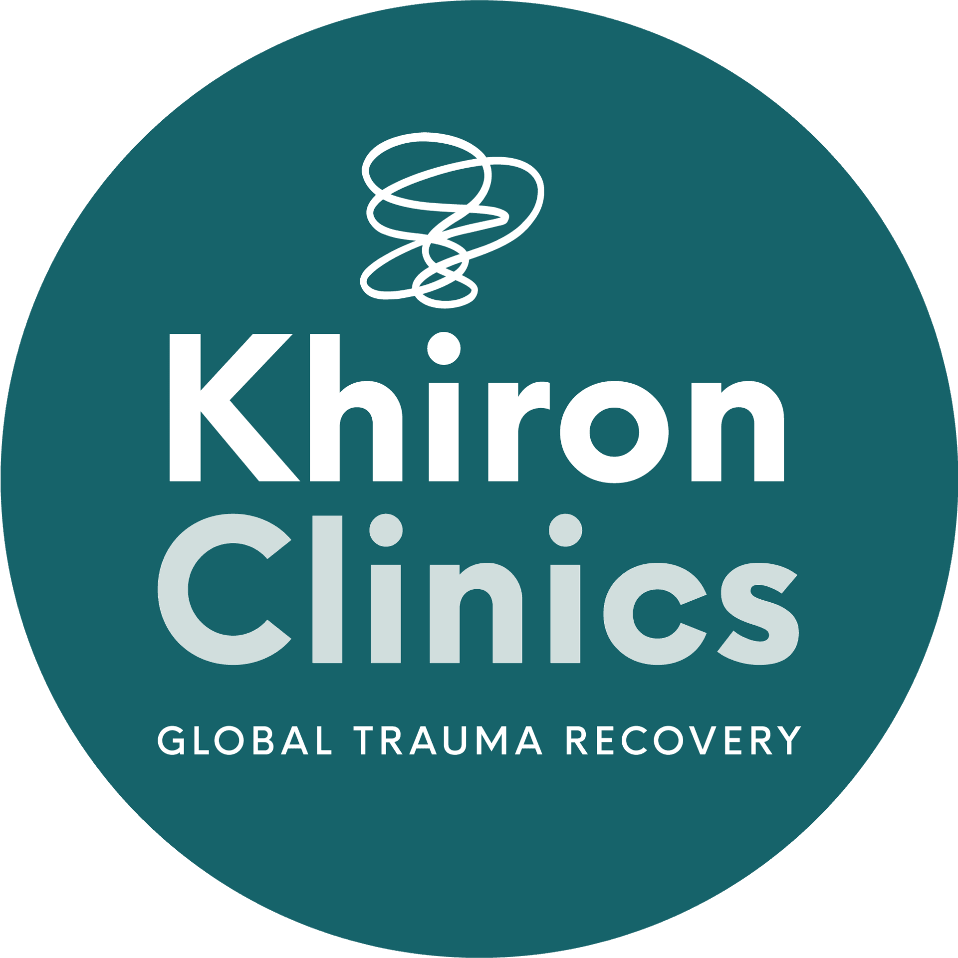 Teal circle logo with "Khiron Clinics" in bold white text, below a white abstract swirl. Text reads "Global Trauma Recovery."