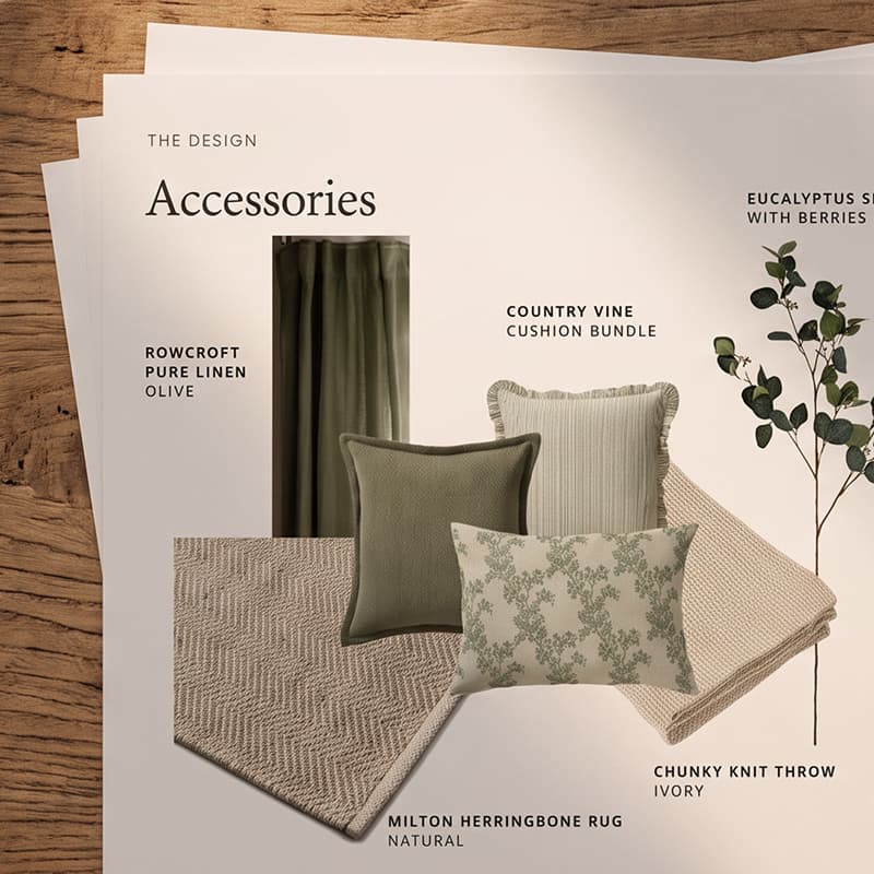 Accessories display featuring olive linen fabric, a cushion bundle, eucalyptus branch, herringbone rug, and ivory knit throw.