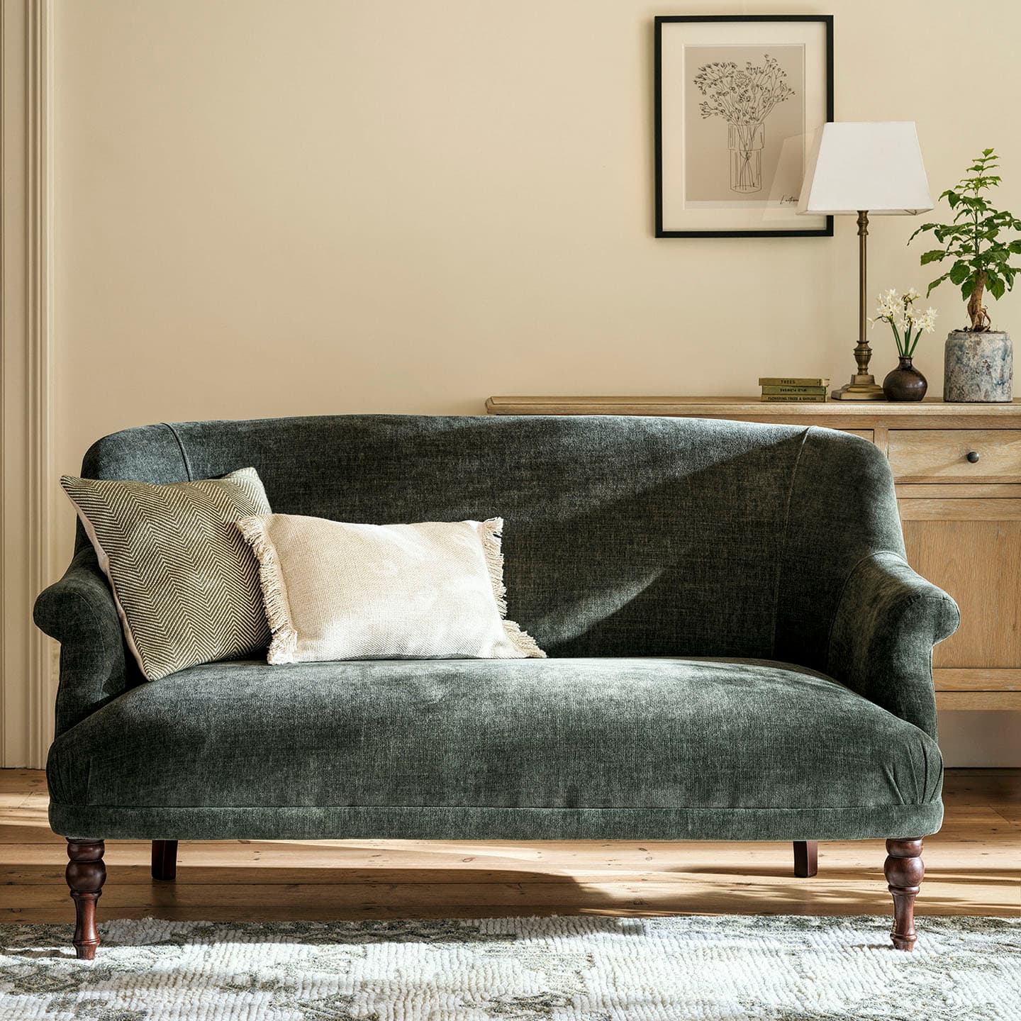 Velvet sofa with two pillows in a living room. Wooden cabinet, framed art, lamp, and plant in the background.