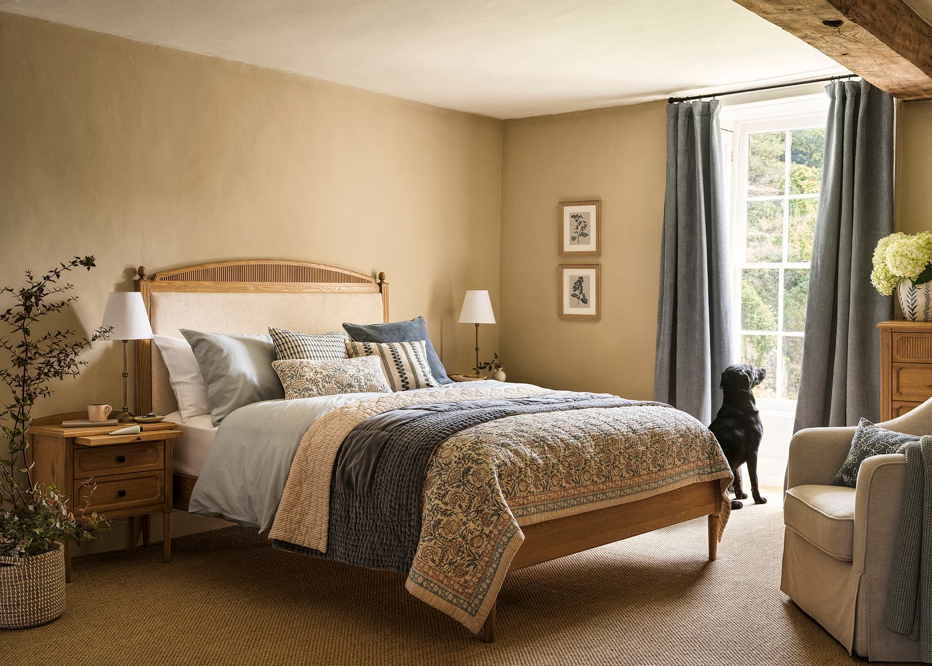 A cosy bedroom with a wooden bed, patterned bedding, two nightstands with lamps, a dog looking out the window and curtains.