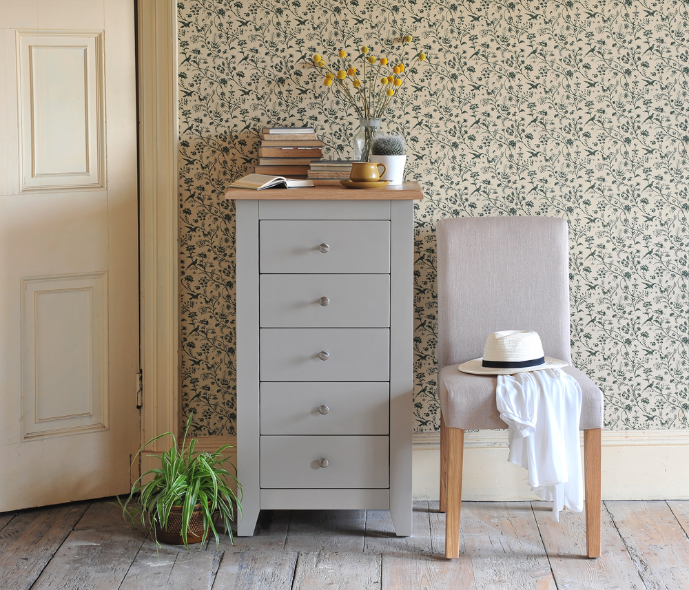 Chester Grey Chest of Drawers With Linen Chairs