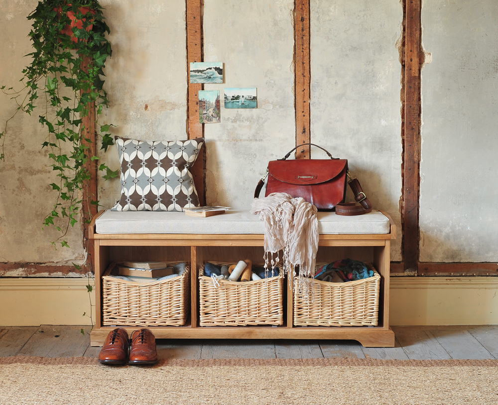 Hall bench, farmhouse, shoe storage, hall seating, wicker baskets, hanging ivy, brogues