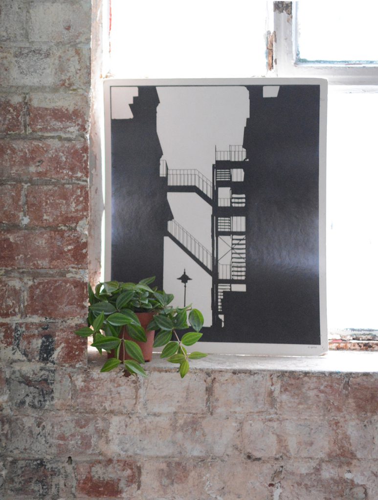 Monochrome print, brick wall, industrial.