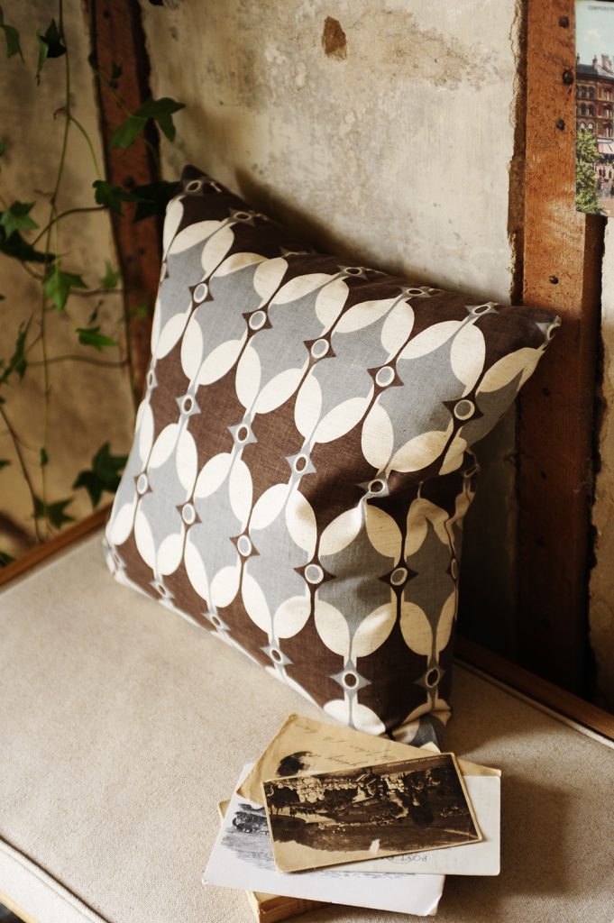 Printed cushion, geometric, hall bench, accessories, modern rustic