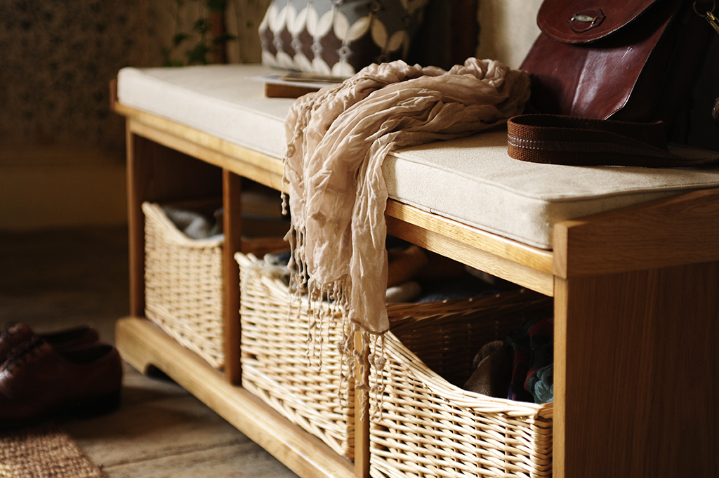 Shoe bench, hall bench, hall seating, shoe storage, wicker baskets, seat pad, leather bag