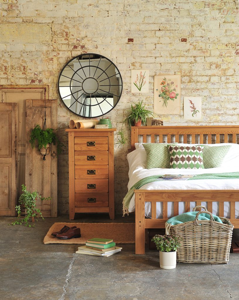 Oak bedroom furniture, rustic, oakland, brick wall, plants, green, botanical bedroom