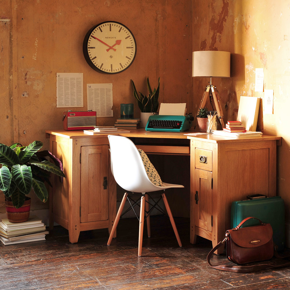 Oak desk, home office, typewriter, clock, eames style chair