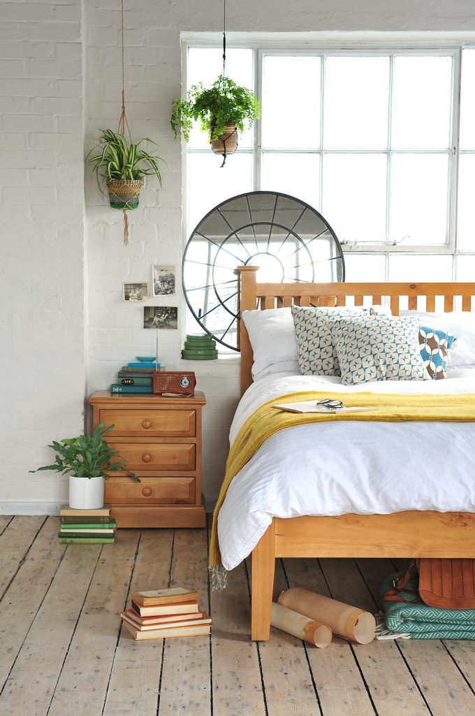 Pine Bedroom Furniture, macrame plants, white linen, white washed floors