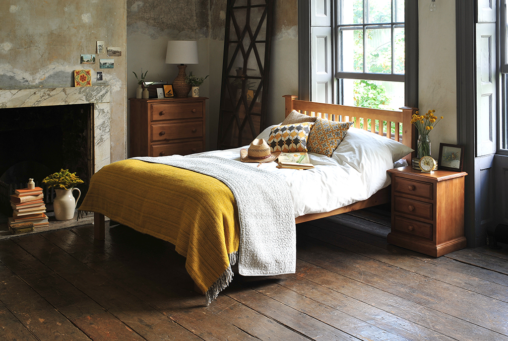 Pine Bedroom Furniture, Mustard throw, dream bedroom