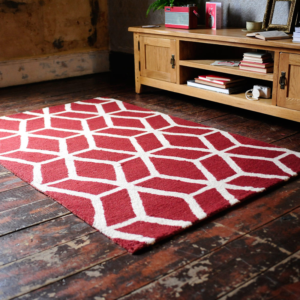Bold rug, geometric, red, wooden floors