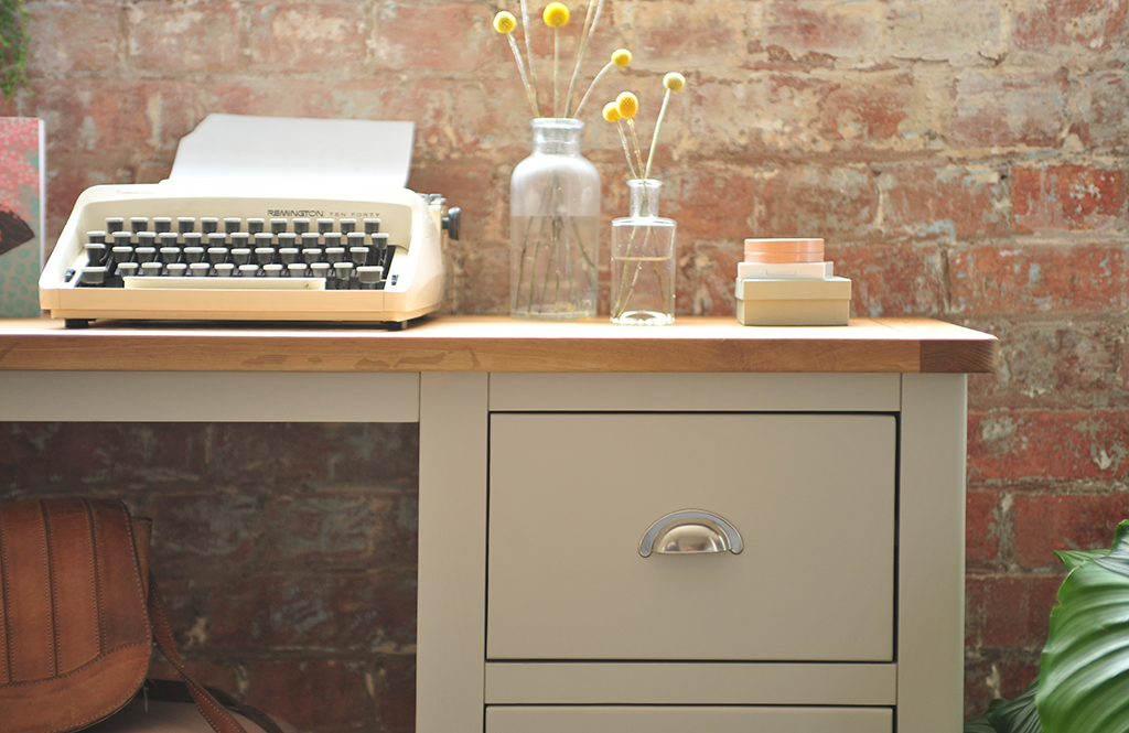 Dress table, grey furniture, grey desk, type writer, craspedia