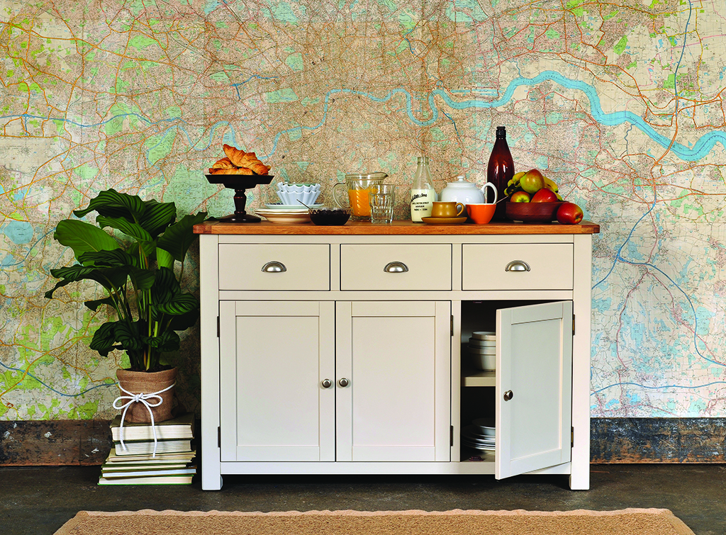 Grey furniture, grey sideboard, painted furniture, giant map, serving breakfast