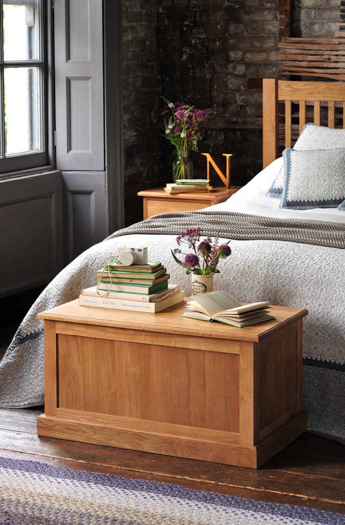 Grey shutters, grey window, oak furniture, oak bed, oak blanket box, dream bedroom,