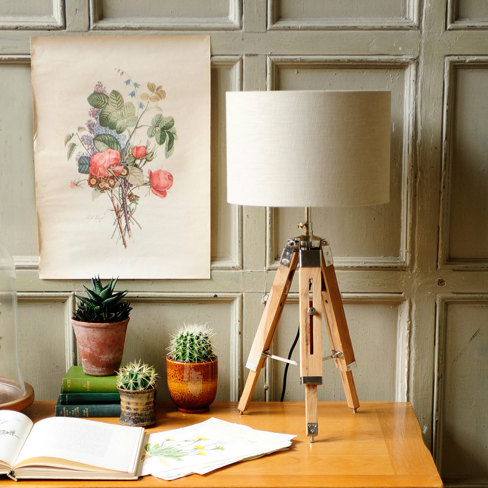 Lighting, tripod lamp, botanical print, panelled wall