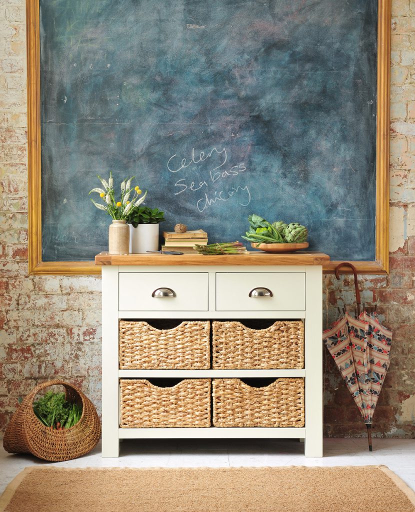 Oxford painted sideboard, kitchen storage, dream kitchen, painted furniture, wicker baskets, cup handles