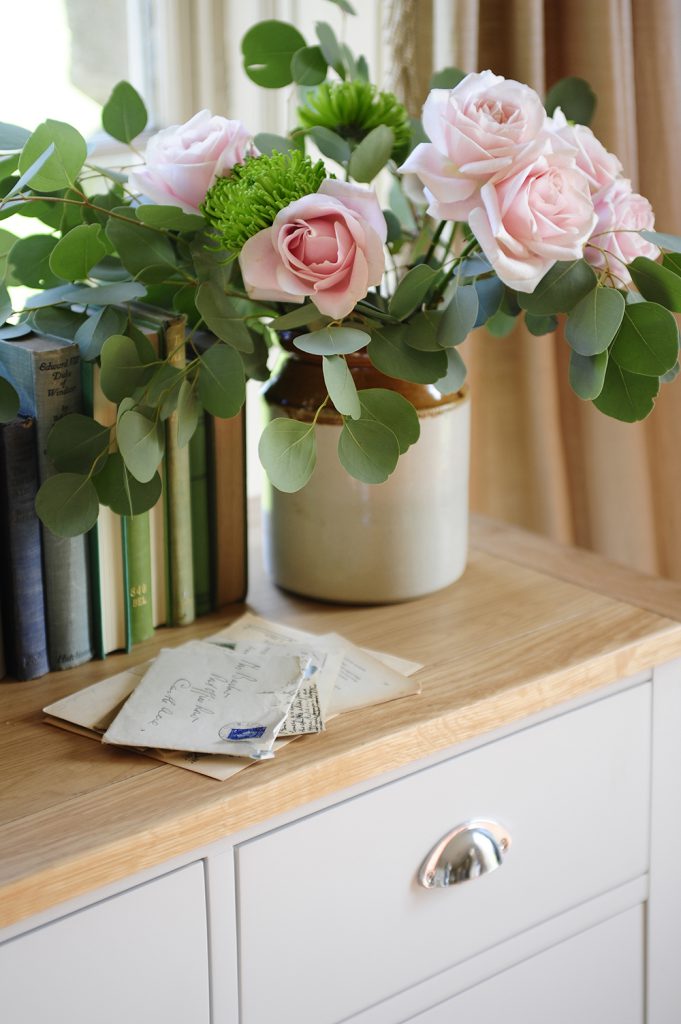 Pink Roses, Eucalyptus, books, country bedroom