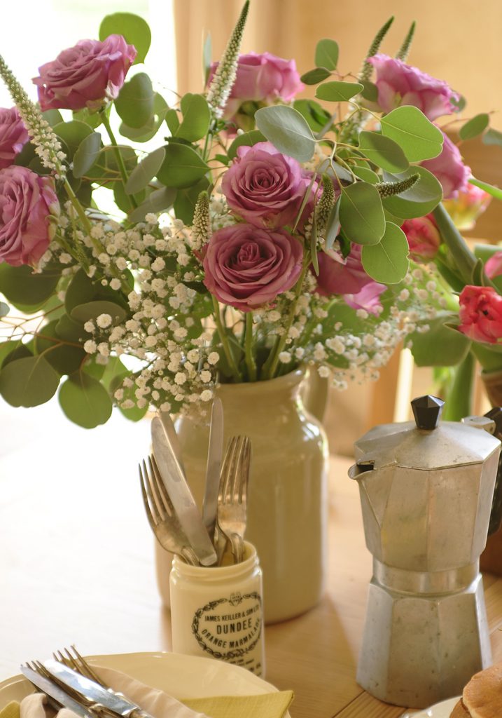 Purple Roses, spring, summer, vintage vase, coffee, oak table