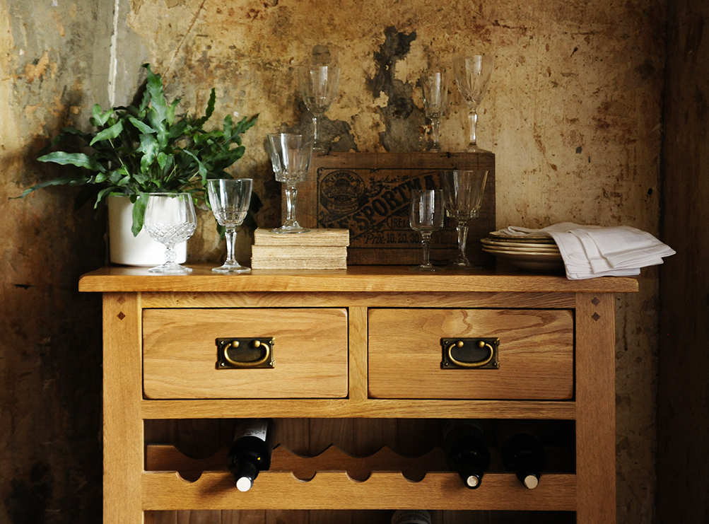 Wine rack, oak wine rack, oak furniture, crystal glasses, rustic wall, rustic dining