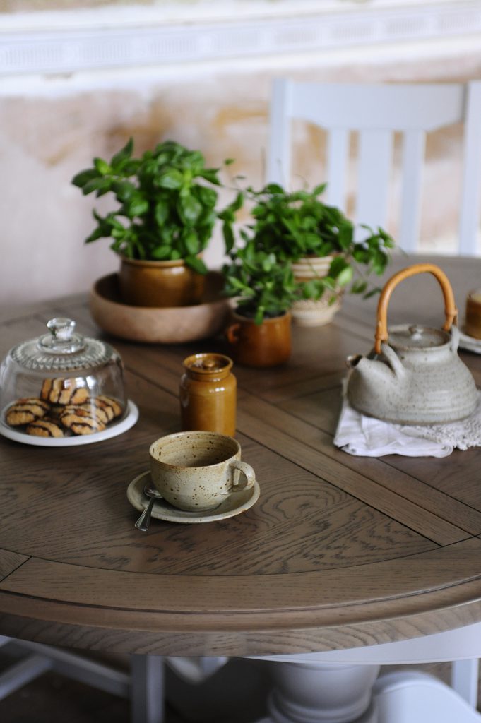 Dining, herbs, rustic pottery, speckled glaze, cookies, afternoon tea