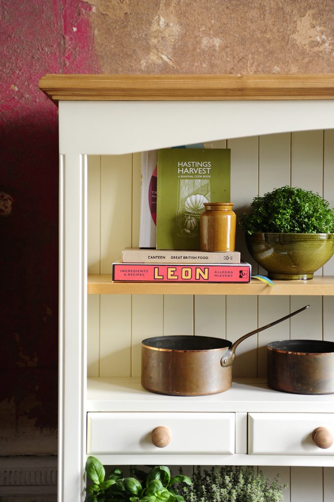 Kitchen, cookbooks, plants, herbs, copper pots, dresser, painted furniture