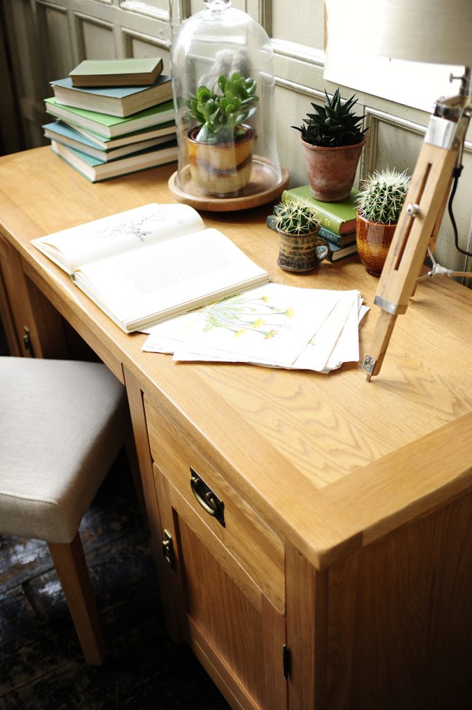 Rustic Oak desk, Oak grain, cactus, succulents, closh, books, oak office furniture