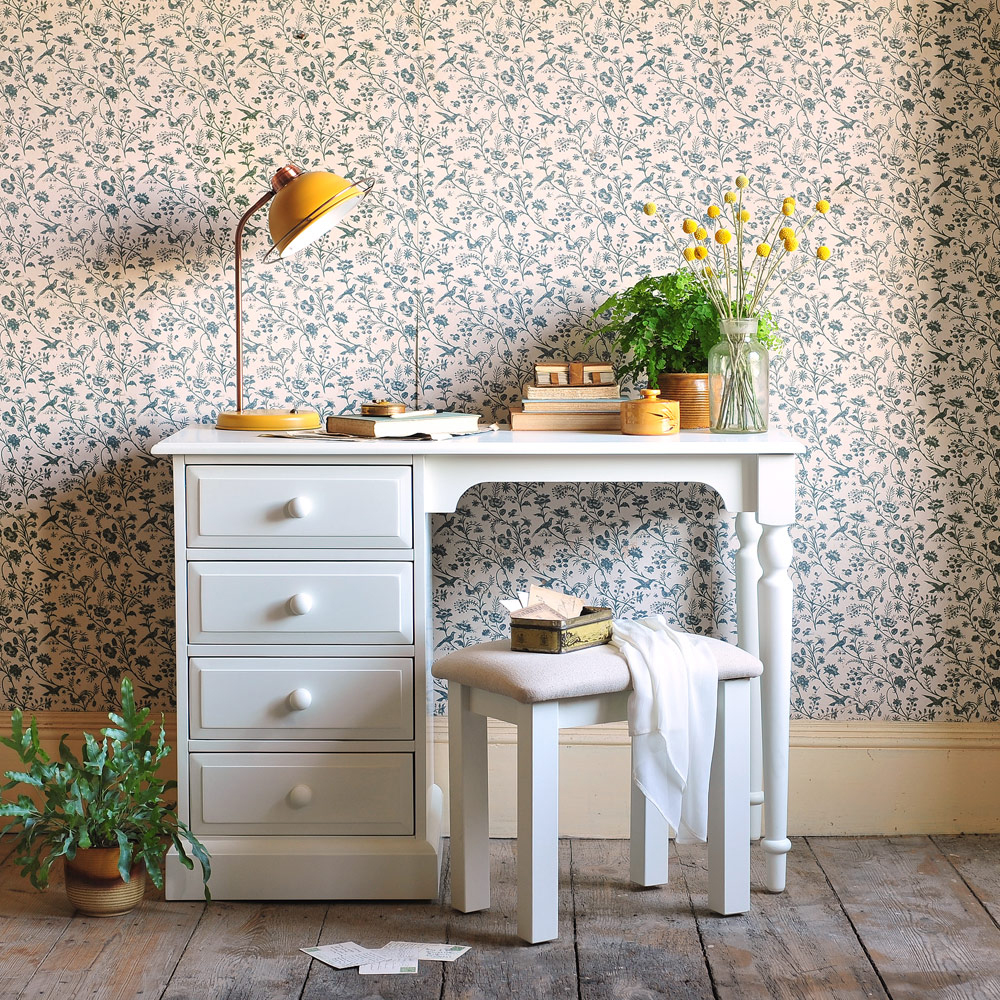 White furniture, white dressing table, craspedia, vintage wallpaper