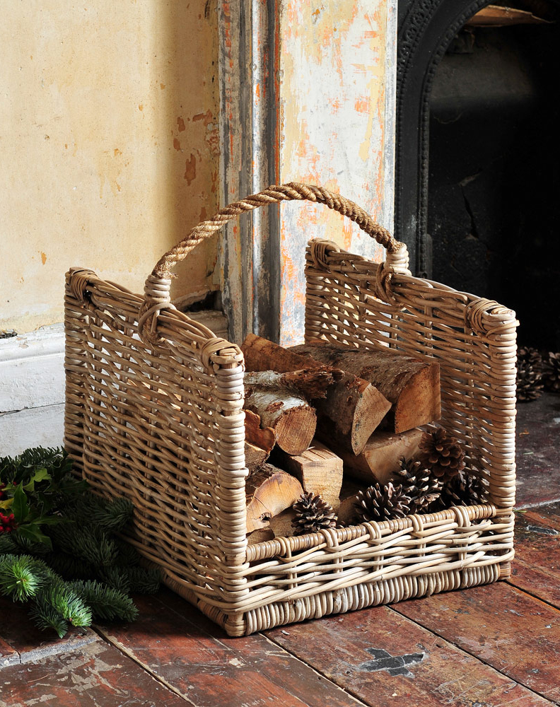 Log basket, porch, fireplace,