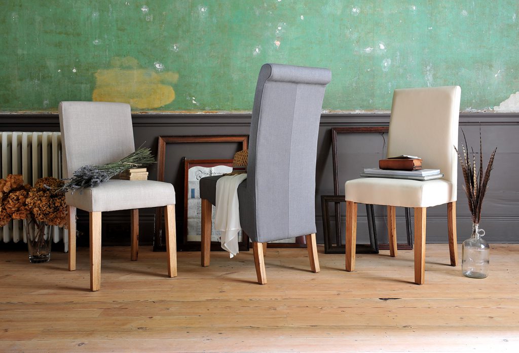 Fabric Chairs, dining chairs, wooden floor, grey walls, green walls