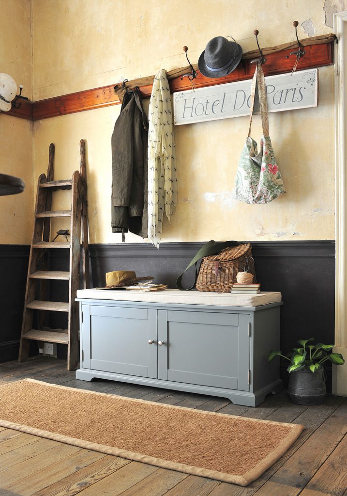 Grey hallway furniture, country house, country living, fishing basket, wooden floors
