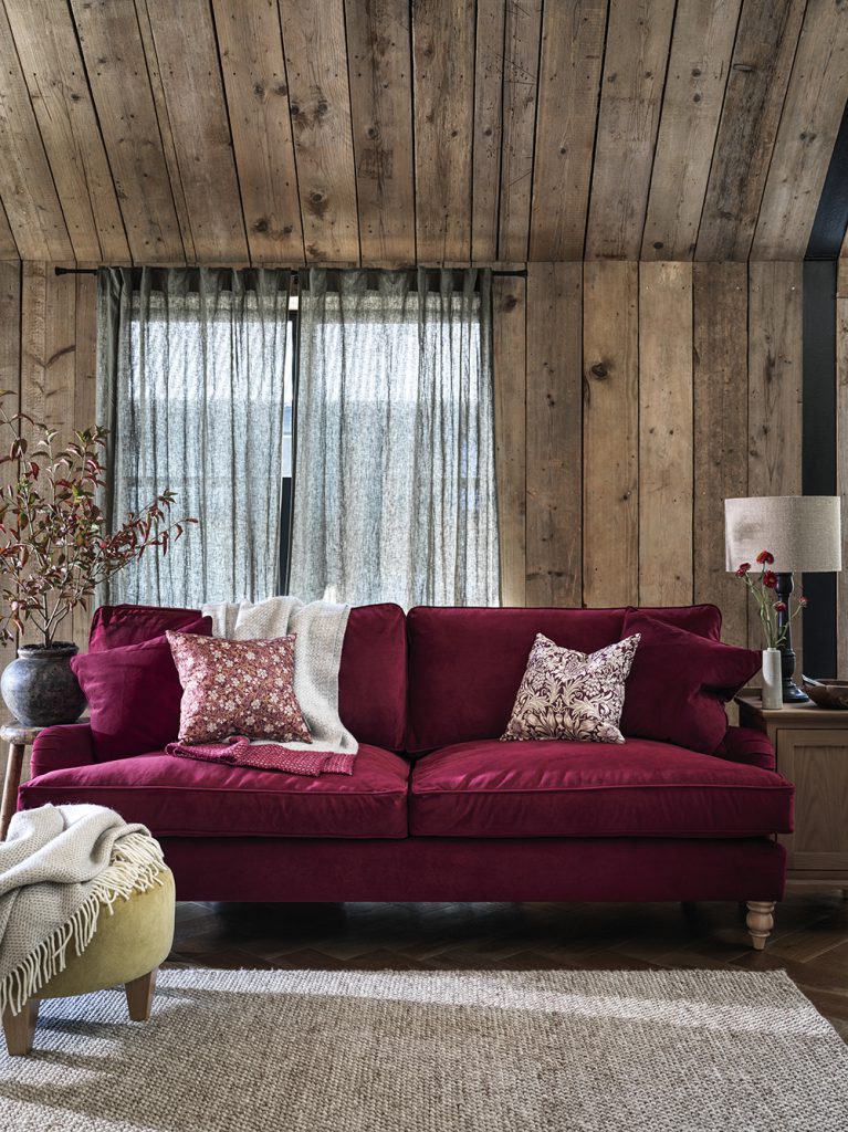 Morris berry red sofa, Cotswold Company, living room furniture, upholstery, cushions, throws